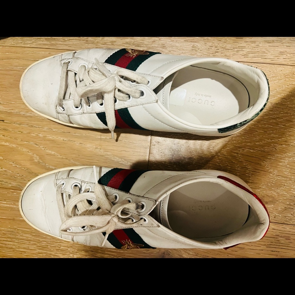 GUCCI Ace watersnake-trimmed embroidered leather sneakers